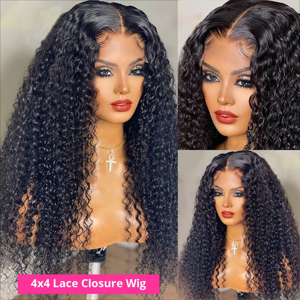 Angie Queen 4*4 Lace Closure Wigs Peruvian Curly Human Hair Wigs 180% Density Pre-plucked