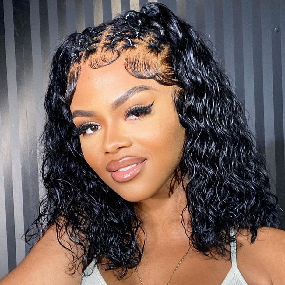 AngieQueen Water Wave Short Frontal Human Hair Bob Wigs