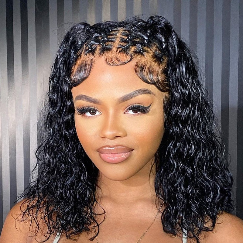 AngieQueen Water Wave Short Frontal Human Hair Bob Wigs