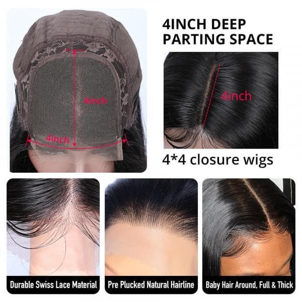 Angie Queen 4x4 Glueless Lace Closure Straight Human Hair Wigs  Natural Black Pre Plucked
