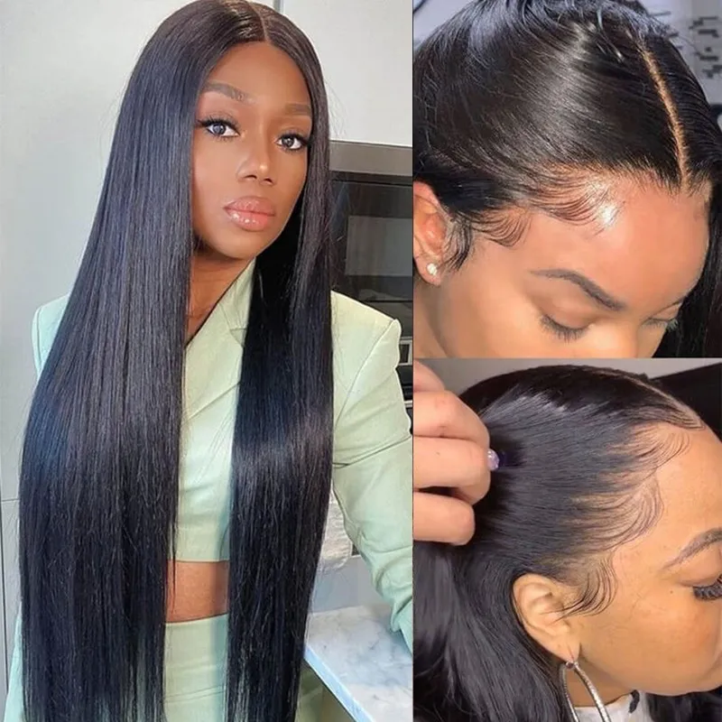 Angie Queen 4x4 Glueless Lace Closure Straight Human Hair Wigs  Natural Black Pre Plucked