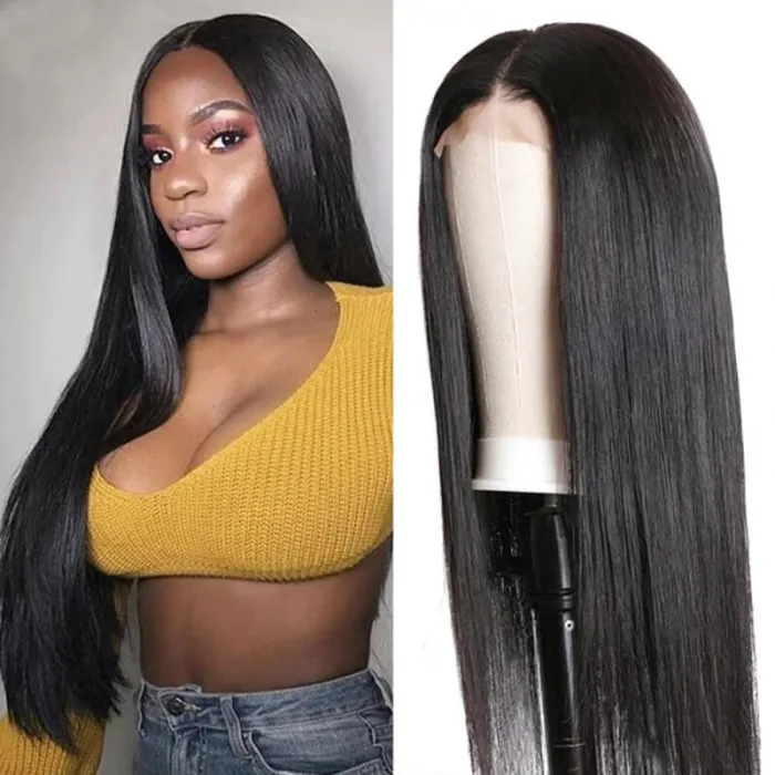 Angie Queen 4x4 Glueless Lace Closure Straight Human Hair Wigs  Natural Black Pre Plucked