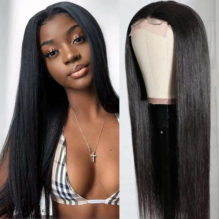Angie Queen 4x4 Glueless Lace Closure Straight Human Hair Wigs  Natural Black Pre Plucked
