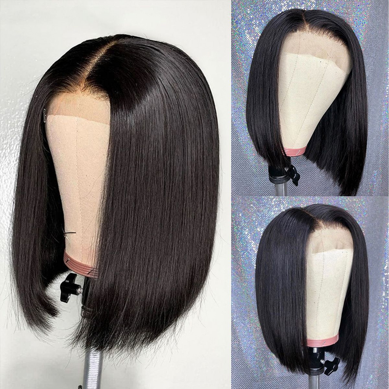 Angie Queen 4X4 Undetectable Invisible Lace Closure Bob Wig 200% Density Straight Virgin Human Hair with Baby Hair