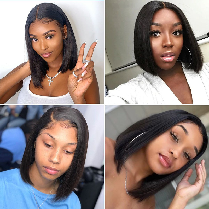 Angie Queen 4X4 Undetectable Invisible Lace Closure Bob Wig 200% Density Straight Virgin Human Hair with Baby Hair