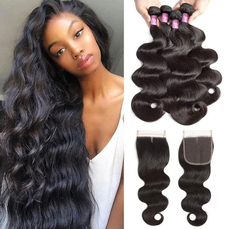 Angie Queen 4 Bundles with Closure Brazilian Body Wave Virgin Human Hair Weave Bundles