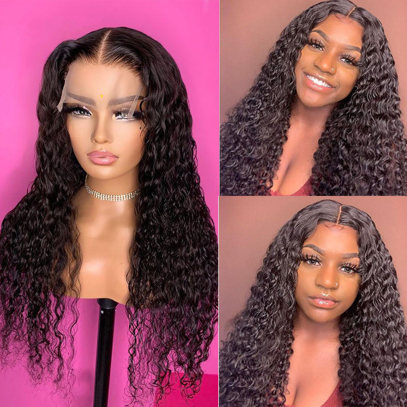 Angiequeen Curly Wave Glueless Lace Human Hair Transparent Lace Wig 180% Density