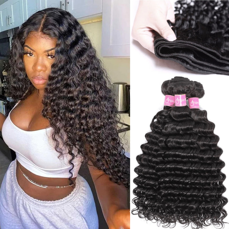 Angie Queen 3 Bundles Malaysian Deep Wave Virgin Human Hair Weave Bundles