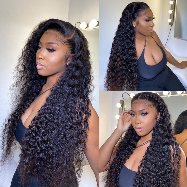 AngieQueen Deep Wave Wig 100% Human Hair Invisible Swiss Lace Curly Hair 13*4 Lace Front Wig