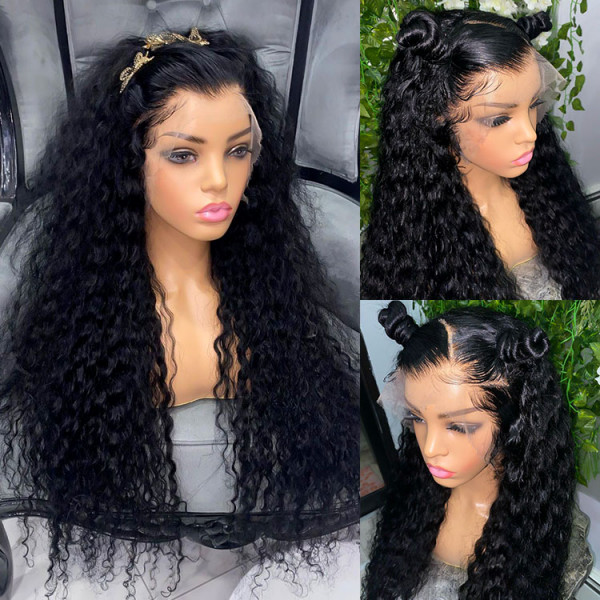 AngieQueen Deep Wave Human Hair Wigs 4*4 Invisible Lace Closure Wig 180%-200% Density Hair Wig 14A