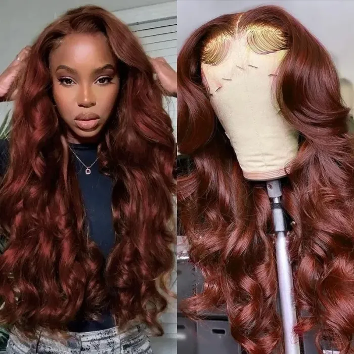 AngieQueen Reddish Brown Body Wave Human Hair Lace Front Wig 180% Density