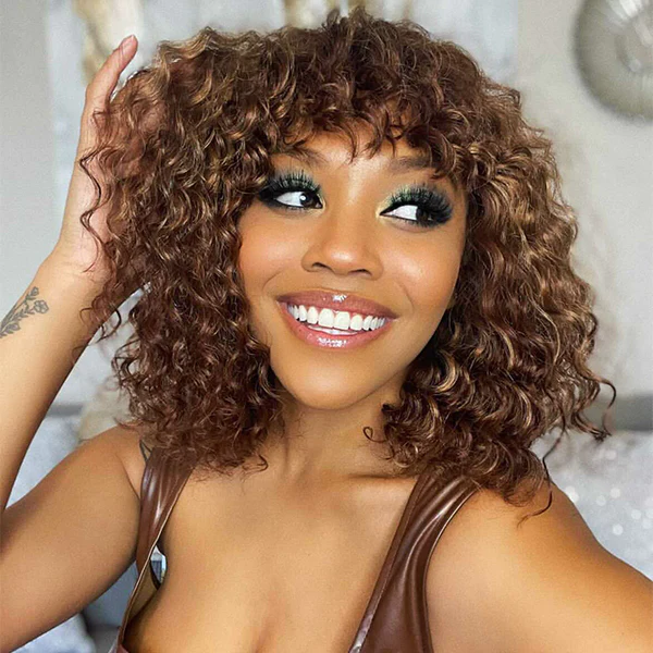 AngieQueen Affordable Mix Color Deep Wave Glueless Human Hair Short Bob Wig With Bangs