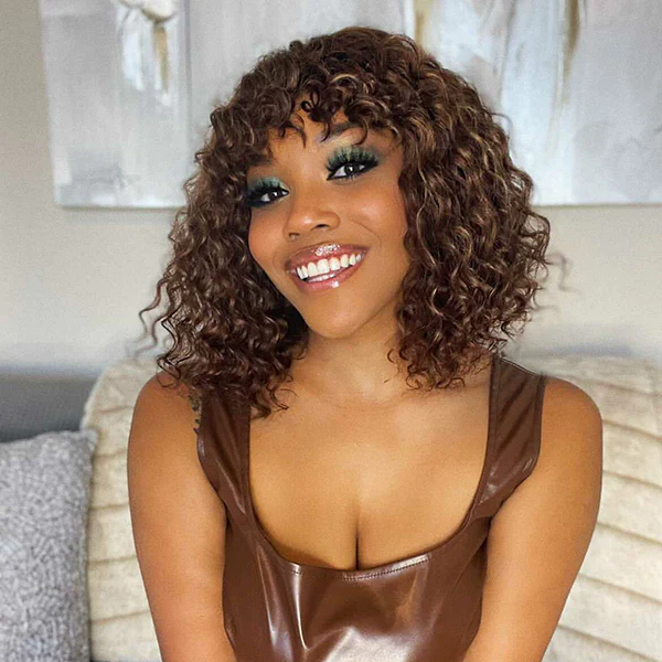 AngieQueen Affordable Mix Color Deep Wave Glueless Human Hair Short Bob Wig With Bangs