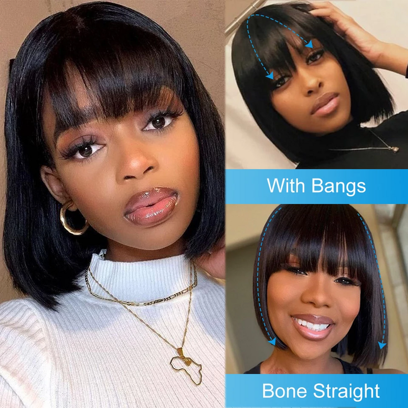 Angie Queen Full Machine Made Glueless Wig with Bangs Remy Straight Human Hair Bob Wig