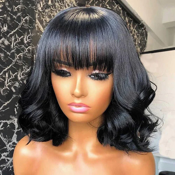 Angie Queen Full Machine Made Glueless Soft Wave curls On Short Bob Wig With Bangs