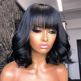Angie Queen Full Machine Made Glueless Soft Wave curls On Short Bob Wig With Bangs