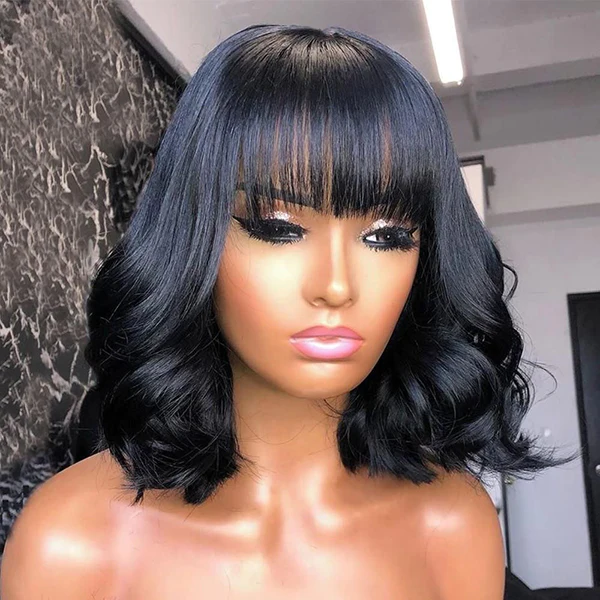Angie Queen Full Machine Made Glueless Soft Wave curls On Short Bob Wig With Bangs