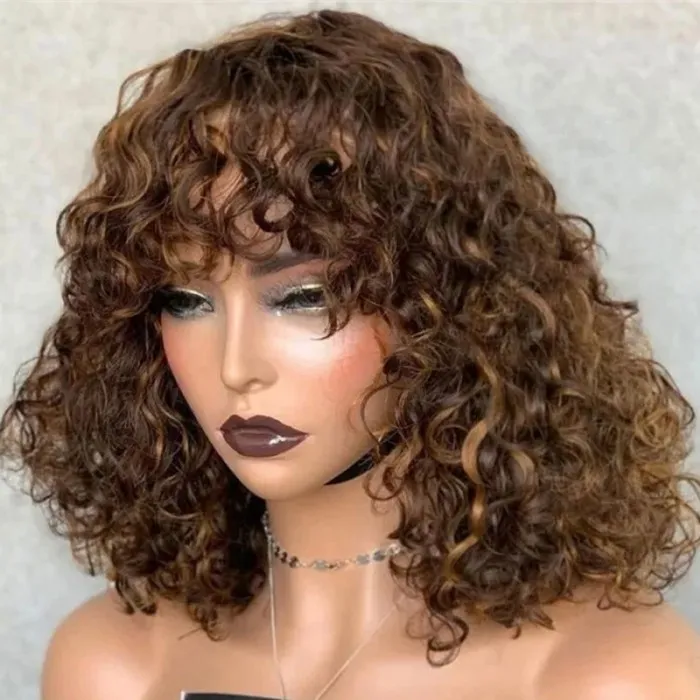 AngieQueen Affordable Mix Color Deep Wave Glueless Human Hair Short Bob Wig With Bangs