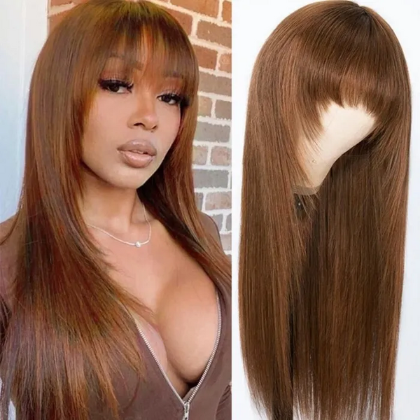 AngieQueen Affordable Glueless Straight Dark Brown Human Hair Wigs with Bangs ,Wear And Go