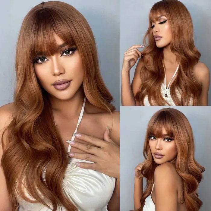 AngieQueen Glueless Body Wave Dark Brown Color Human Hair Wigs with Bangs Install in 5 Mins