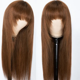 AngieQueen Affordable Glueless Straight Dark Brown Human Hair Wigs with Bangs ,Wear And Go