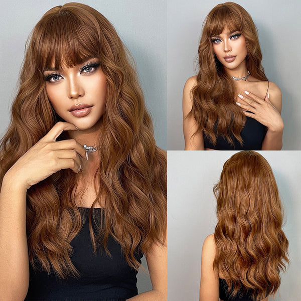 AngieQueen Glueless Body Wave Dark Brown Color Human Hair Wigs with Bangs Install in 5 Mins