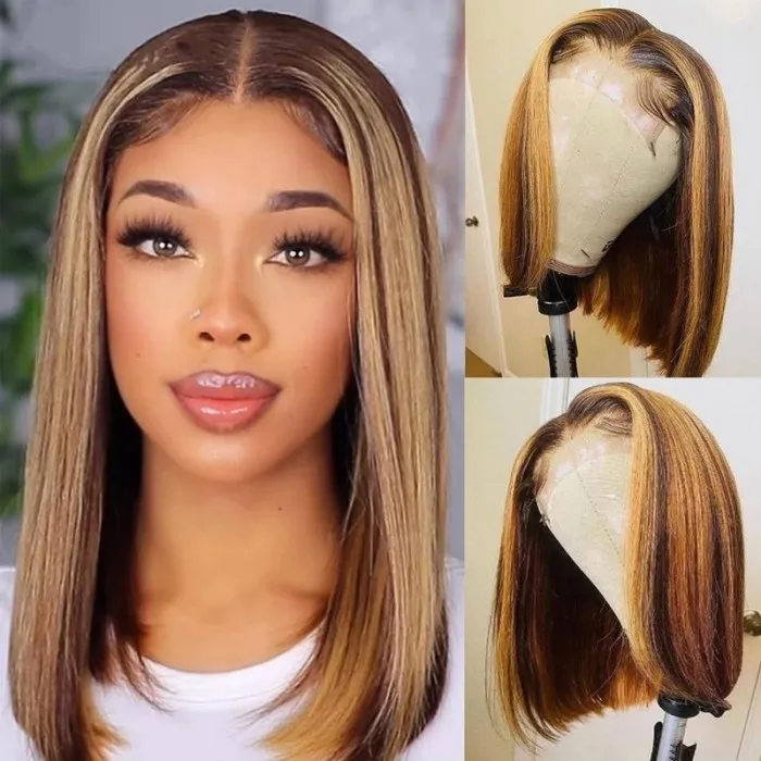 AngieQueen 13x4 Highlight Straight Bob Lace Front Virgin Hair Wigs Ombre Color Pre Plucked