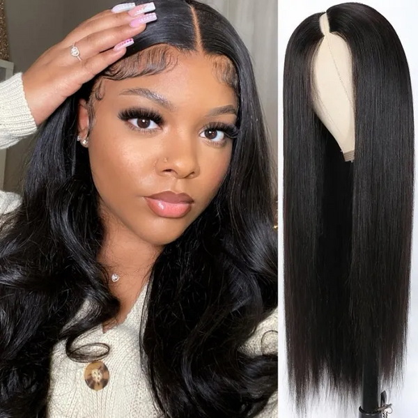 AngieQueen Super Natural V Part Straight Human Hair Glueless 0 Skill Needed Wig
