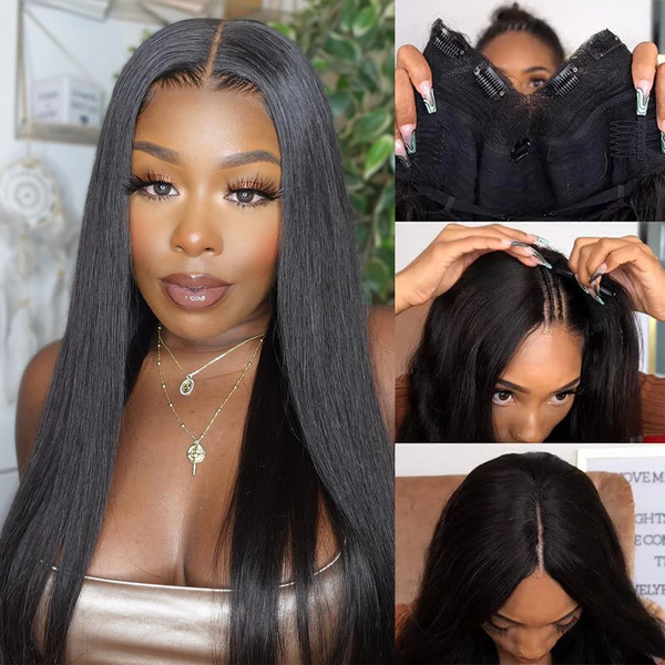 AngieQueen Super Natural V Part Straight Human Hair Glueless 0 Skill Needed Wig