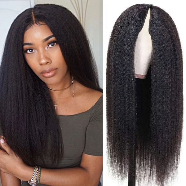 AngieQueen Beginner Friendly V Part Kinky Straight Wig Glueless Human Hair Wig