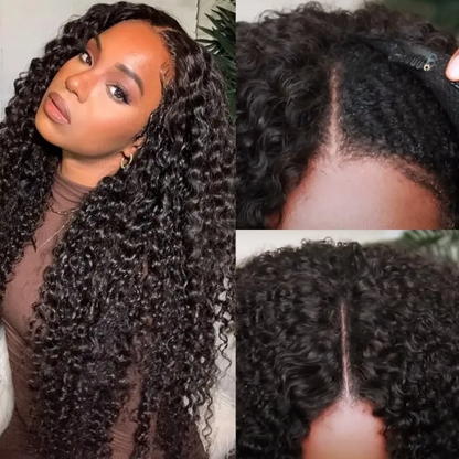 AngieQueen Glueless V Part Wig Natural Scalp Curly Wave Human Hair Wig Without Leave out