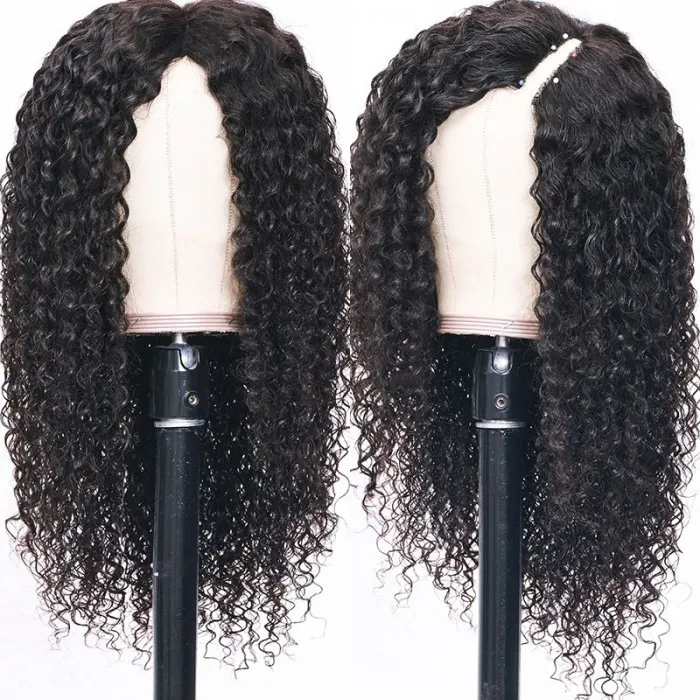 AngieQueen Glueless V Part Wig Natural Scalp Curly Wave Human Hair Wig Without Leave out
