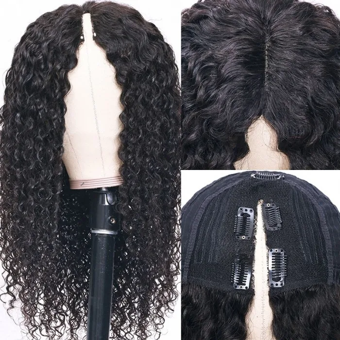 AngieQueen Glueless V Part Wig Natural Scalp Curly Wave Human Hair Wig Without Leave out