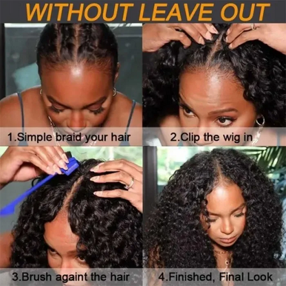 AngieQueen Glueless V Part Wig Natural Scalp Curly Wave Human Hair Wig Without Leave out