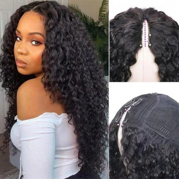 AngieQueen Deep Wave V Part Wig Super Natural Gluless Human Hair No Leave Out Wig