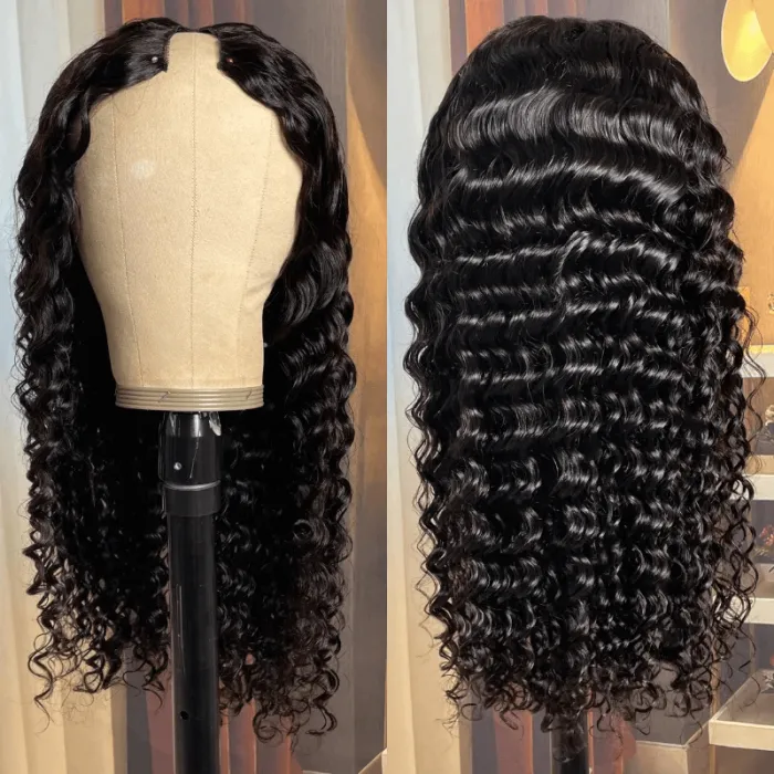 AngieQueen Deep Wave V Part Wig Super Natural Gluless Human Hair No Leave Out Wig
