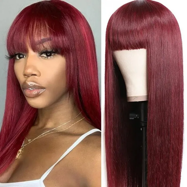 AngieQueen 99j Silky Straight Human Hair Wigs with Bangs Glueless Machine Made Wigs