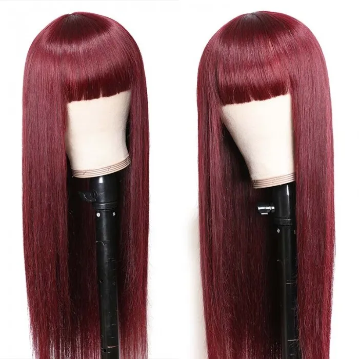 AngieQueen 99j Silky Straight Human Hair Wigs with Bangs Glueless Machine Made Wigs