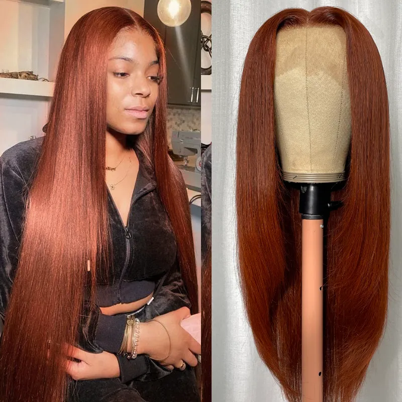 AngieQueen Reddish Brown Human Hair Lace Front Wig Straight Hair Colored Wigs
