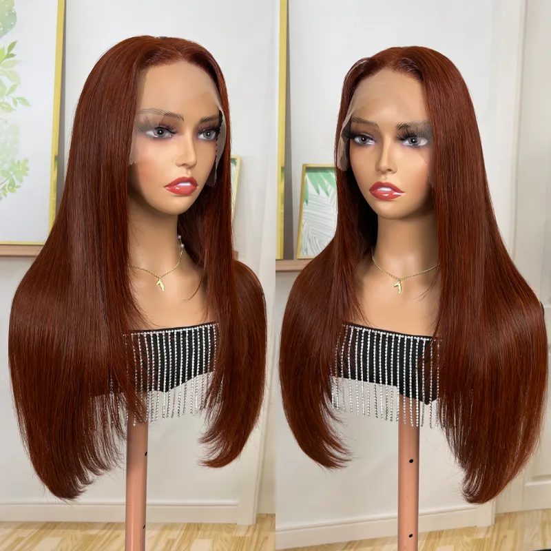 AngieQueen Reddish Brown Human Hair Lace Front Wig Straight Hair Colored Wigs