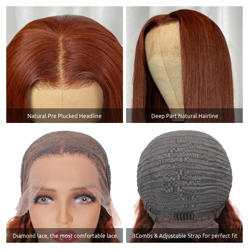 AngieQueen Reddish Brown Human Hair Lace Front Wig Straight Hair Colored Wigs