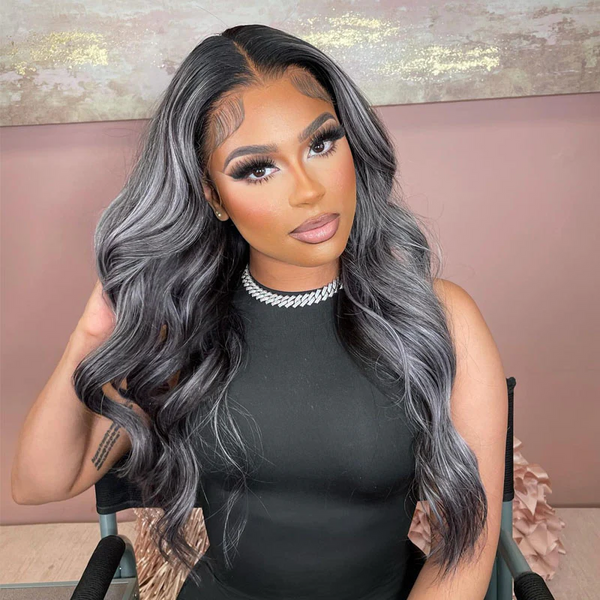 AngieQueen Gray Highlight Wig Human Hair 13x4 Body Wave HD Lace Front Wig 180% Density