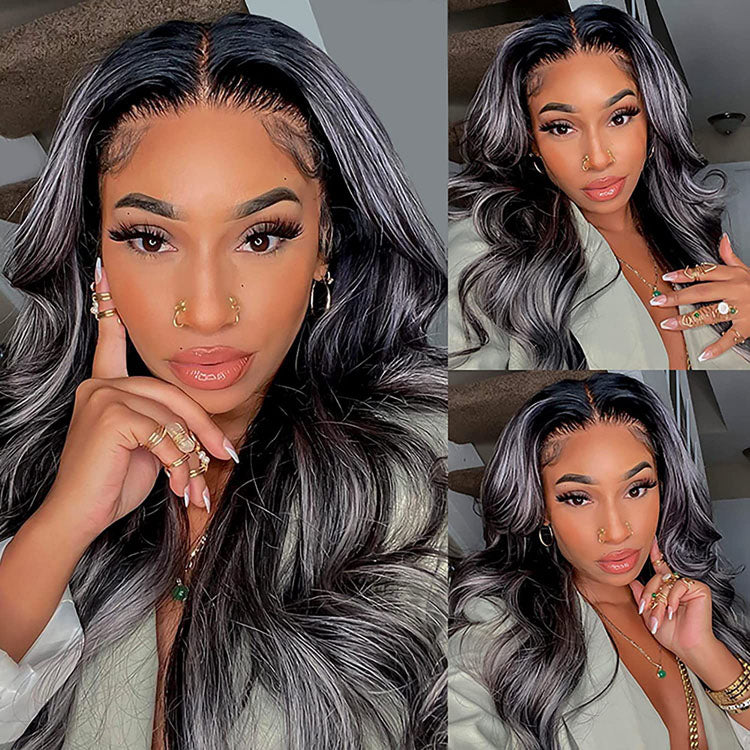 AngieQueen Gray Highlight Wig Human Hair 13x4 Body Wave HD Lace Front Wig 180% Density