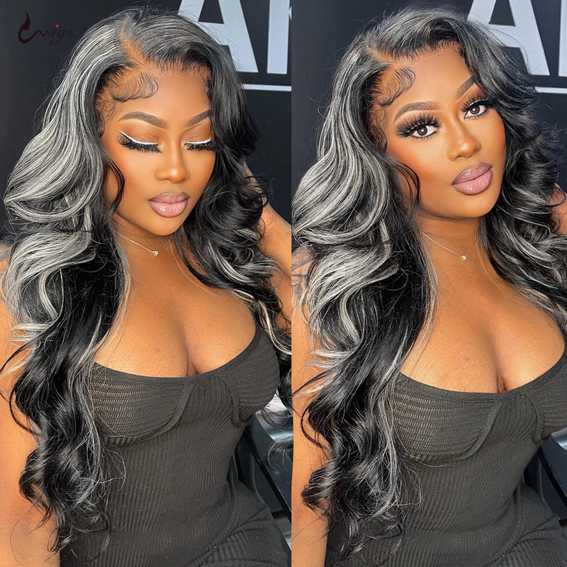 AngieQueen Gray Highlight Wig Human Hair 13x4 Body Wave HD Lace Front Wig 180% Density
