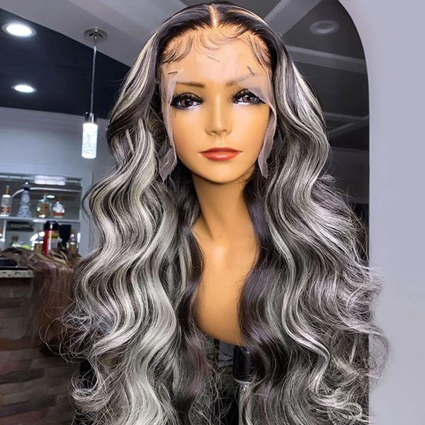 AngieQueen Gray Highlight Wig Human Hair 13x4 Body Wave HD Lace Front Wig 180% Density