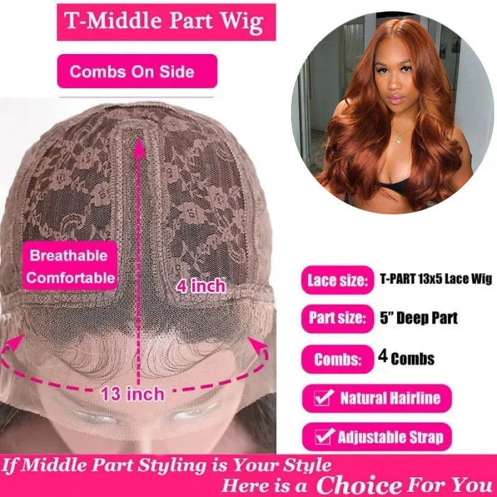 AngieQueen #35 Dark Ginger Color Hair 13x4 HD Lace Front Body Wave Human Hair Wigs