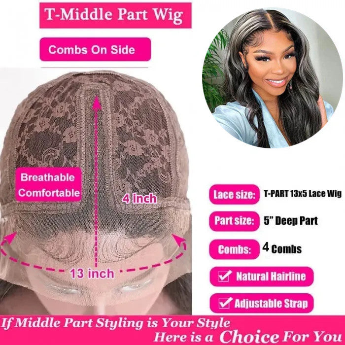 AngieQueen Grey Highlight Wig Human Hair 13x4 Silky Straight HD Lace Front Wig 180% Density