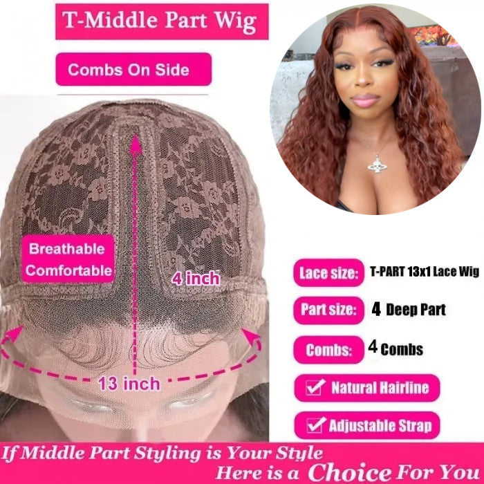 AngieQueen Reddish Brown 13x4 Lace Front Wig Deep Wave Human Hair Wigs 180% Density
