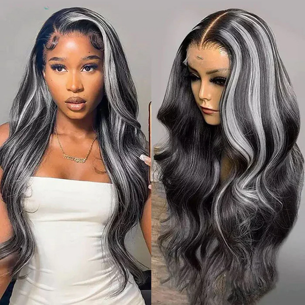 AngieQueen Grey Highlight Wig Human Hair 13x4 Silky Straight HD Lace Front Wig 180% Density