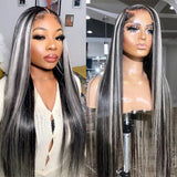 AngieQueen Grey Highlight Wig Human Hair 13x4 Silky Straight HD Lace Front Wig 180% Density